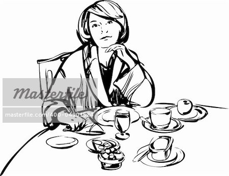 image girl in a bathrobe at breakfast table