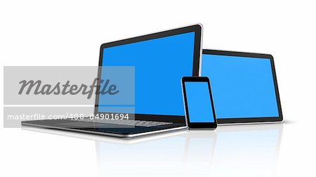 3D laptop, mobile phone and digital tablet pc computer - isolated on white with clipping path