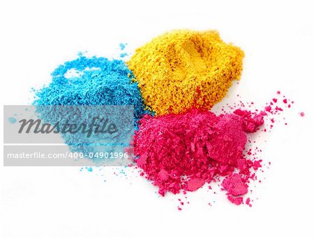 Color chalk powder cyan magenta yellow isolated on white background