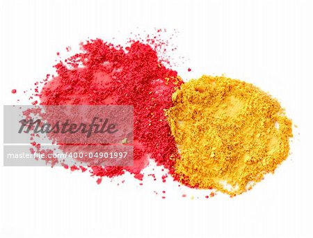 Red and yellow color powder dust isolated on white background