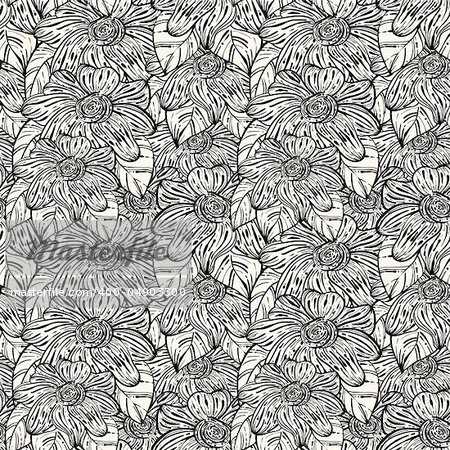 vector seamless monochrome pattern with abstract flowers, 4 clipping masks