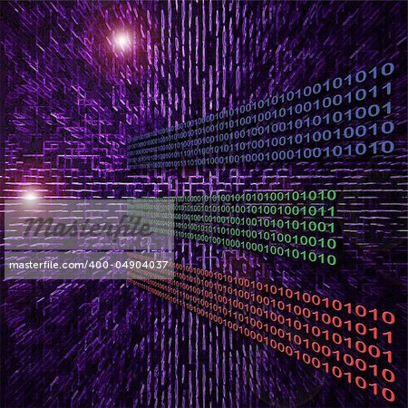 Binary data code abstract illustration over purple background