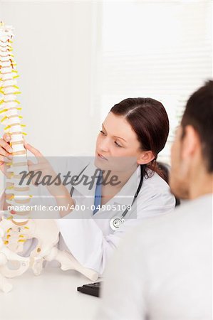 A doctor is pointing on a bone in a spine