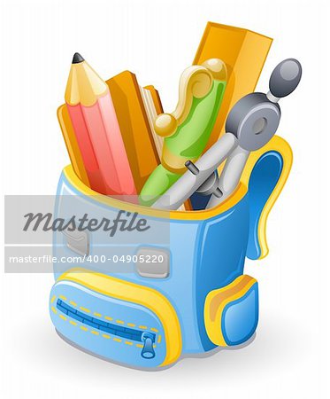 School bag: pencil, book, pen, ruler, compasses . Isolated on white background.