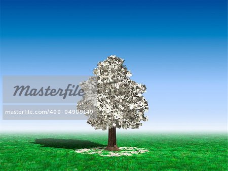 Money tree in the middle of a field with hundred dollar bills growing on it and lying on green grass under it. Investment concept