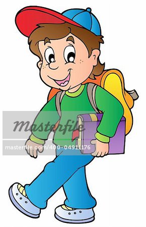 Cartoon boy walking to school - vector illustration.