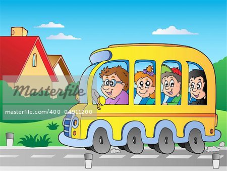 Road with school bus 1 - vector illustration.