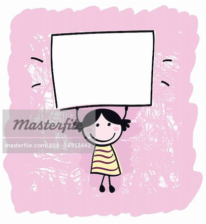 Happy cute little girl holding empty blank banner - cartoon illustration