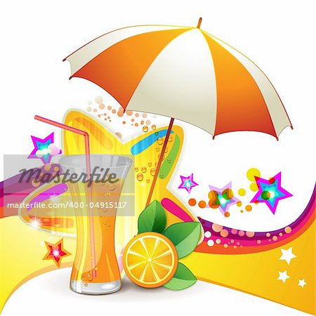 Glass of orange juice with slices orange and open umbrella