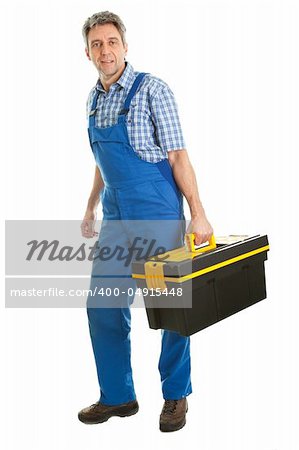 Confident service man standing with toolbox. Isolated on white