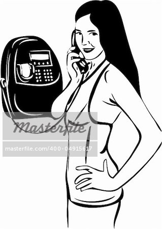 a sketch of a girl talking on pay phone