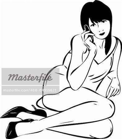a sketch of a seated girl talking on phone