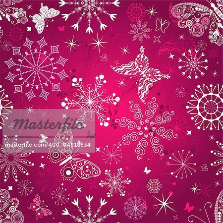 Seamless purple christmas pattern with snowflakes and butterflies (vector)