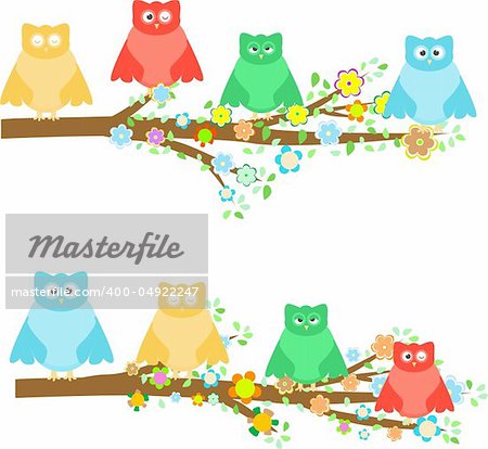 family owls sitting in branches on tree with flower