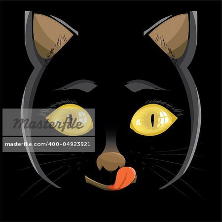 Vector illustration. head of a black cat with yellow eyes on a black background