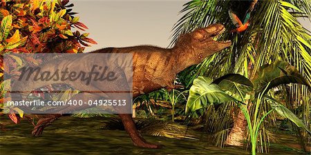 A Tyrannosaurus Rex runs after a beautiful Cuban Red Macaw deep in the jungle.