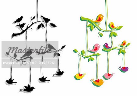 birds mobile with tree branch, vector illustration