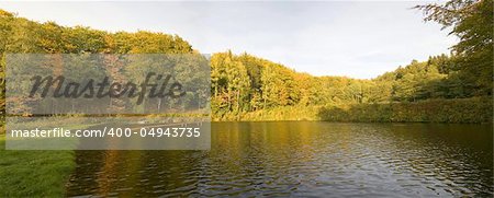 panorama of autumn trees behind a pond