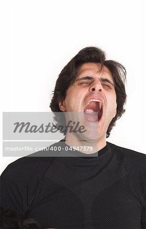 portrait of man yawning over white background