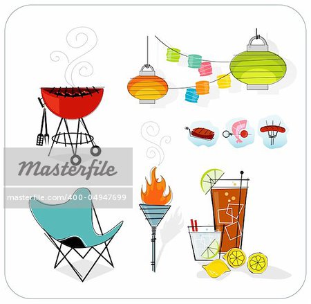 Retro summer icon set. Paper lanterns, barbeque, tiki torch, butterfly chair, summer drinks. Layered file for easy edit--no transparencies or strokes!