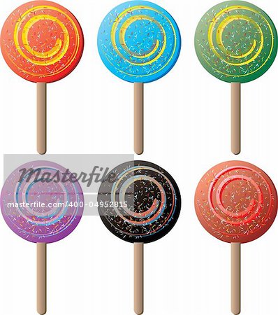 Illustration of six color variations of lollipop with sugar candy strips