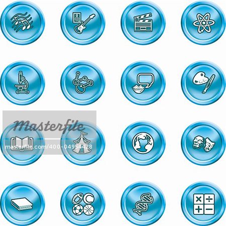 A subject category icon set eg. science, maths, language, literature, history, geography, musical, physical education etc