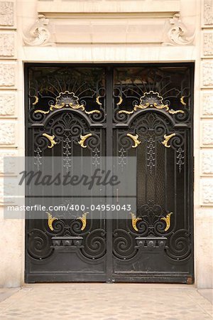 Black iron doors in old building in Paris France