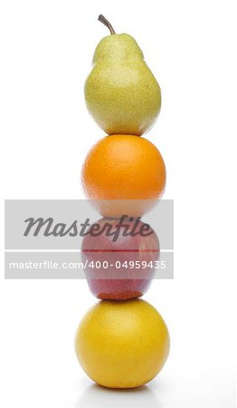 Pear, orange, apple, grapefruit totem for a balanced diet. White background. Look at my gallery for more fresh fruits and vegetables.