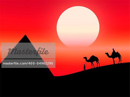 Hot landscape as this desert sunset with camels on the background