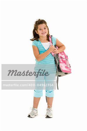 Child standing on a white background holding a school backpack