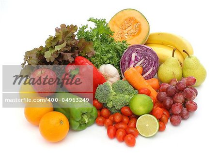 Colorful fresh group of fruits and vegetables for a balanced diet. White background. Look at my gallery for more fresh fruits and vegetables.