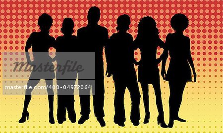 Silhouettes of young people on retro background