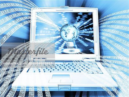 Conceptual image with laptop, globe and binary code