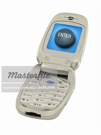 mobile phone with enter button isolated on pure white background, content on the screen is my property