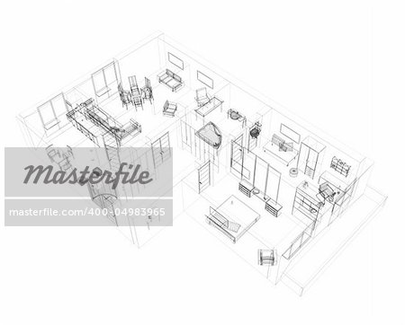 3d sketch of a four-room apartment. Object over white