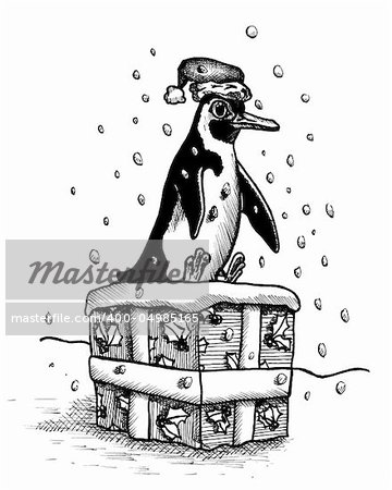 Pen and ink drawing of a penguin sitting on a large Christmas present in the snow