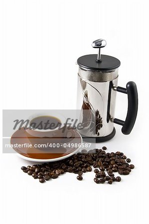 cup of coffee and coffee pot on a white background