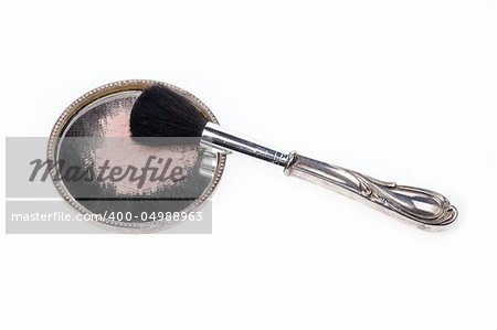 Antique retro makeup brush and powder mirror isolated on white background