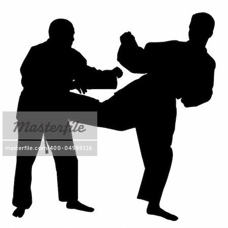 Silhouettes of two karate fighters on isolated white background. EPS file available.