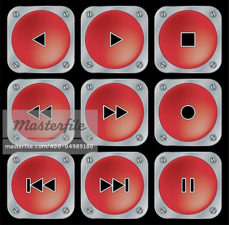 Red navigation buttons for multimedia. Set on black background. Vector illustration.