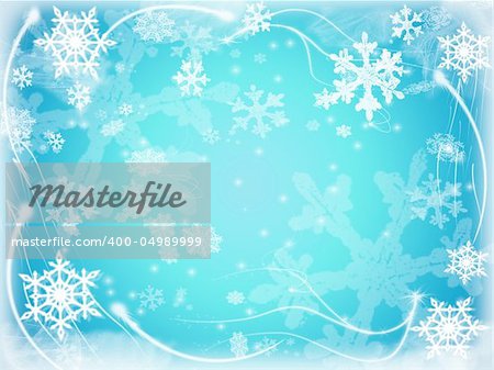 white snowflakes over blue background with feather corners