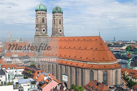 Frauenkirche Cathedral Church in Munich (Munchen), Germany. View from New Town hall (Neues Rathhaus)