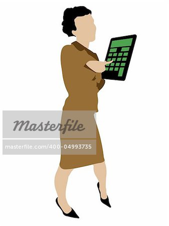 Sexy business woman standing with a calculator on an isolated background
