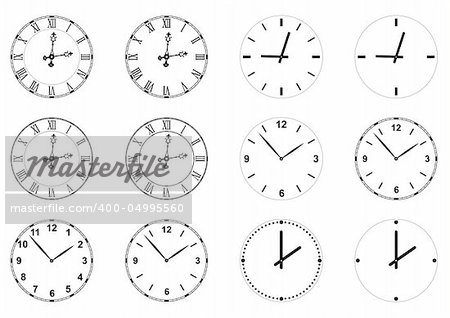 set of vector clock faces and hands including gothic style with roman numerals