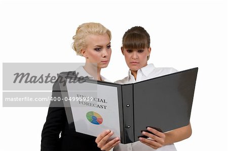 businessladies with financial report on isolated background
