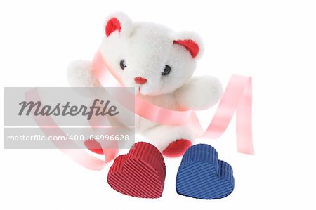 Teddy Bear and Gift Boxes on White Background