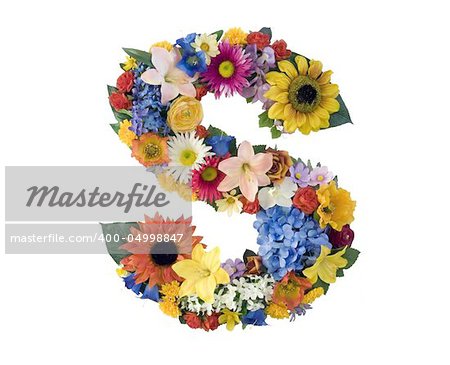 Letter S made of flowers isolated on white background