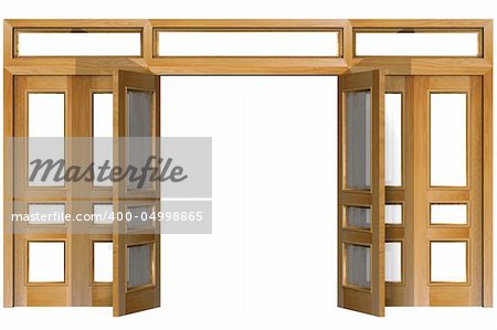 Open doors isolated on white (clipping path). Three-dimensional Shape.