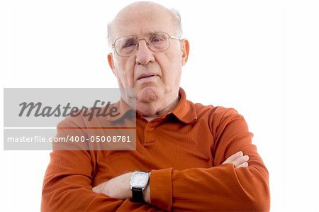 old man with crossed arms on an isolated white background