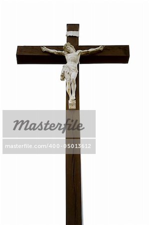 White Jesus on a wooden cross. Vertical shot.